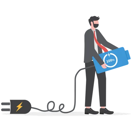 Motivated businessman carry fully charged battery ready to fight for success  Illustration