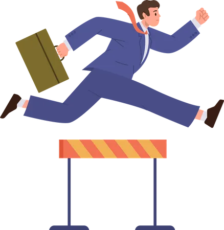 Motivated Businessman Character Rushing Jumping Over Hurdle Overcoming Obstacles Vector Illustration Male Person In Formal Suit Holding Briefcase Successful Running Through Barrier Isolated On White Illustration