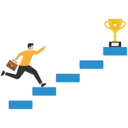 Motivated Businessman Running On Growing Bar Graph To Catch Winner Trophy  Illustration