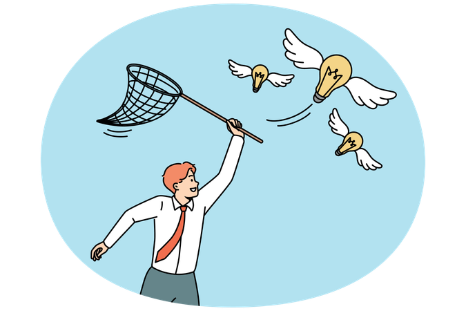 Motivated businessman with net catching lightbulbs  Illustration