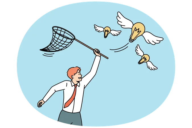 Motivated businessman with net catching lightbulbs  Illustration