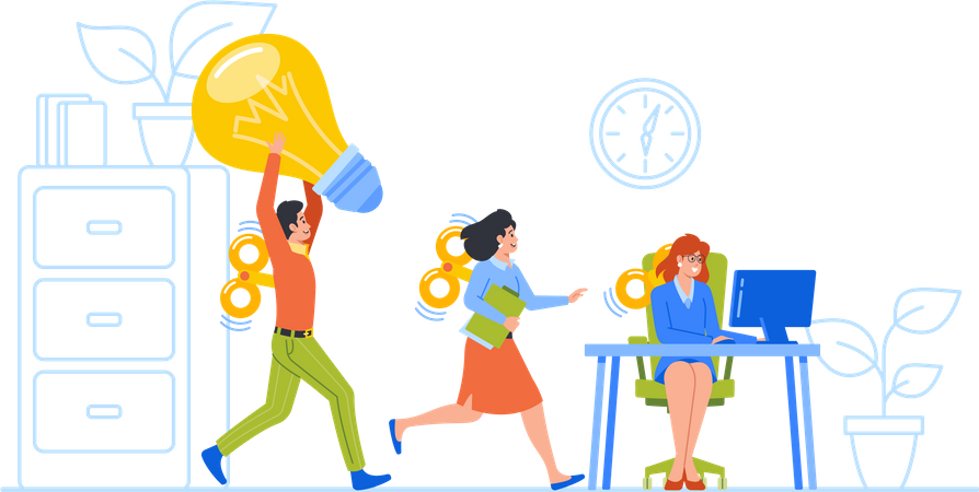 Motivated Clockwork Toy Business Employee Working In Office Using Computers  Illustration
