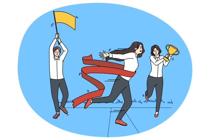 Motivated female employee cross finish line  Illustration