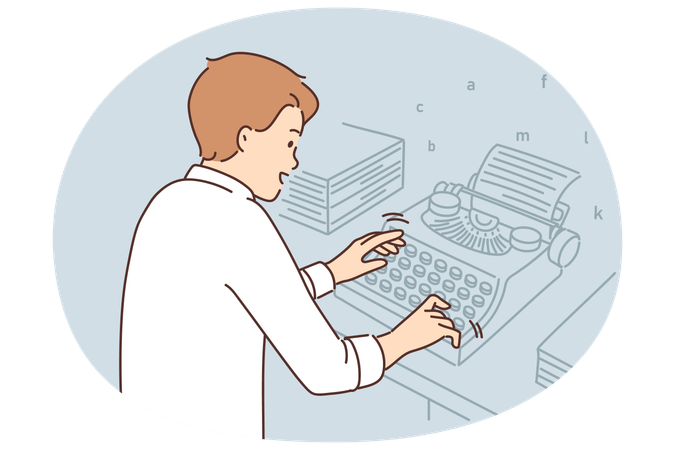 Motivated male author type on machine  Illustration