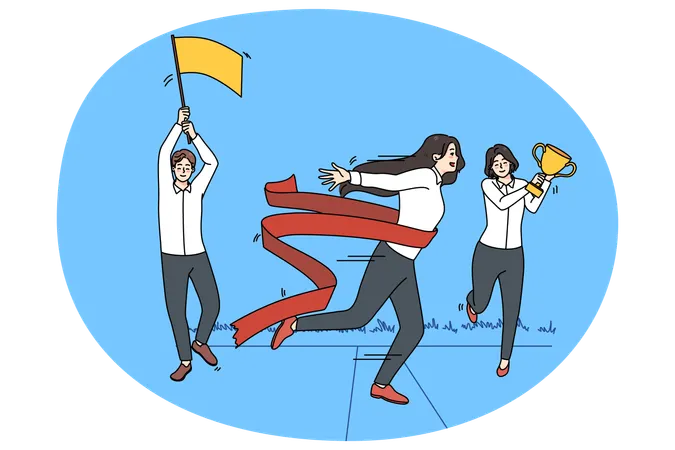Motivierte Mitarbeiterin überquert Ziellinie  Illustration