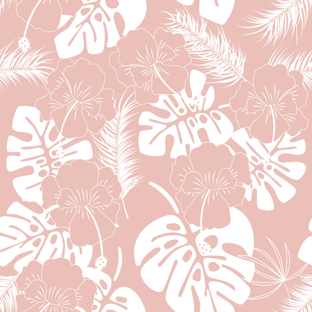 Modello tropicale senza cuciture con foglie e fiori di monstera bianchi su sfondo rosa  Illustration