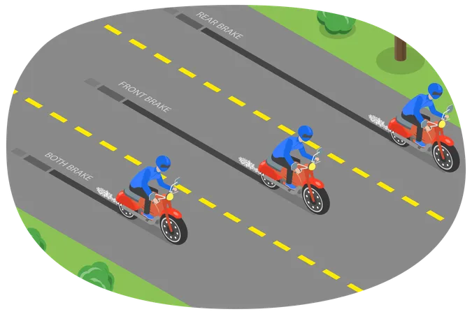 3 D Isometric Flat Vector Conceptual Illustration Of Motorcycle Braking Distance Difference Between Slow And Fast Speed Braking Illustration