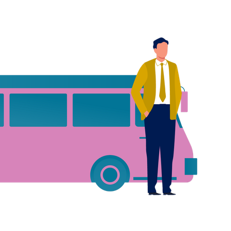Motorista de ônibus em pé com ônibus  Ilustração
