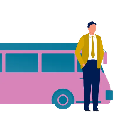 Motorista de ônibus em pé com ônibus  Ilustração
