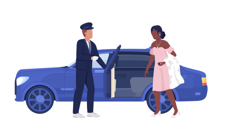 Motorista pessoal e senhora em vestido de luxo  Ilustração