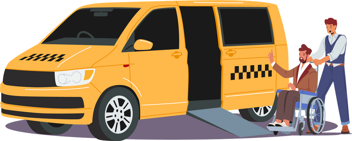 Taxista ajuda pessoa com deficiência a entrar no táxi  Ilustração