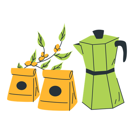 Moulin à café avec sachets de café et branche  Illustration