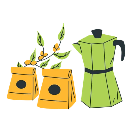 Moulin à café avec sachets de café et branche  Illustration