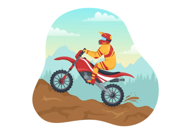 Ilustracao De Motocross Com Um Piloto Andando De Bicicleta Na Lama Estradas Rochosas E Aventura Em Modelo De Desenho Animado Plano De Esporte Radical Desenhado A Mao Ilustração