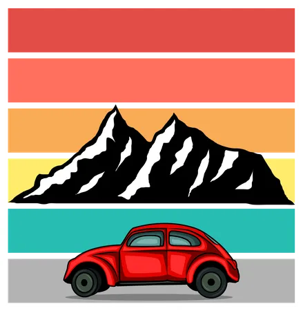 Mountain Car Retro Design Landscape Illustration