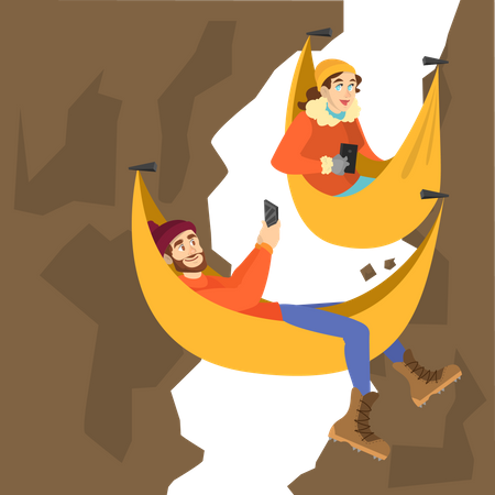 Mountain climber couple resting in the hammock  Illustration