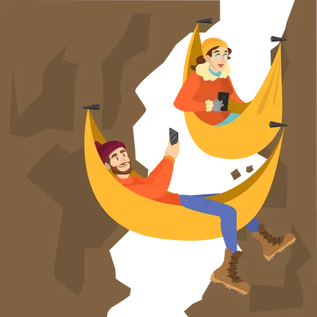 Mountain climber couple resting in the hammock Illustration