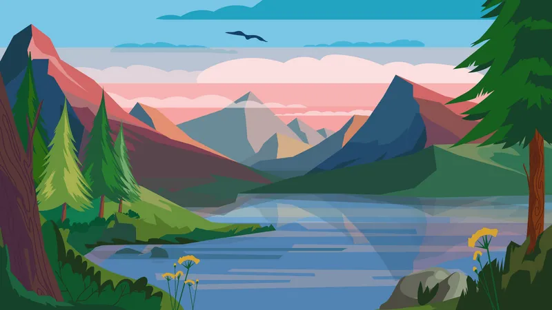 Mountain Morning Landscape Concept In Flat Cartoon Design Dawn At Mountains Peaks Lake Forest And Plants On Slopes Lakeside Wildlife Panoramic View Vector Illustration Horizontal Background Illustration