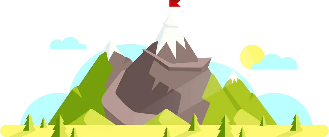 Mountain with red flag on top  Illustration