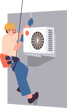 Mountaineer repairman hanging on rope installing or providing maintenance of air conditioner  Illustration