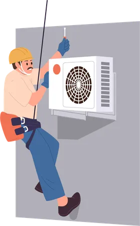 Mountaineer repairman hanging on rope installing or providing maintenance of air conditioner  Illustration