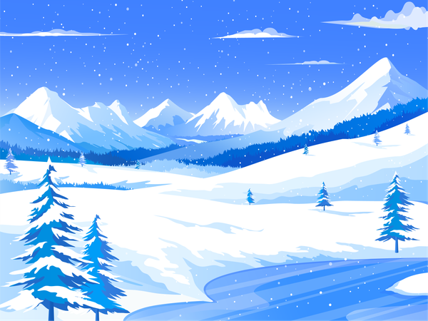 Mountains and River Winter Landscape  Illustration