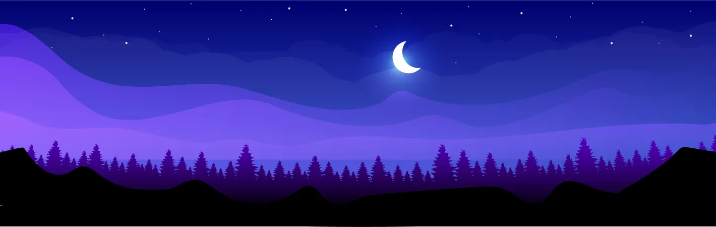 Mountains At Night Flat Color Vector Illustration Coniferous Forest At Midnight Wild Peaceful Nature Fir Trees And Hills 2 D Cartoon Landscape With Crescent Moon And Starry Sky On Background Illustration