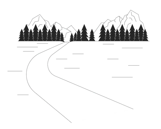 Mountainside Ski Trail Black And White Cartoon Flat Illustration Snowing Slope Backcountry Skiing Area 2 D Lineart Landscape Isolated Mountain Snow Track Monochrome Scene Vector Outline Image Illustration