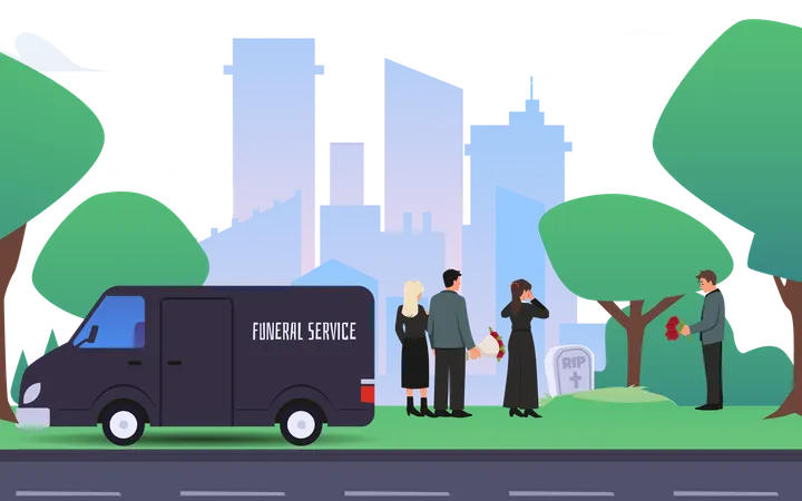 墓の周りに立って喪に服す人々、埋葬、葬儀車サービス  イラスト