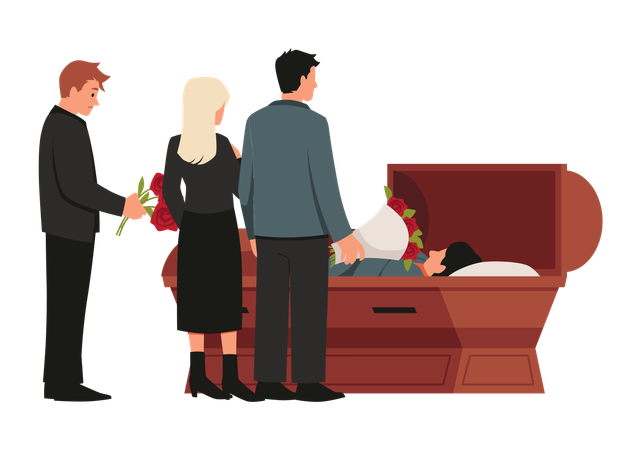 死者の棺の周りに花を持って立っている哀悼の人々  イラスト