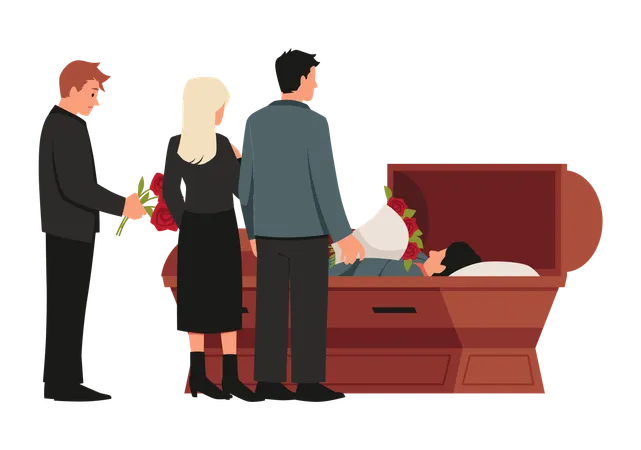 死者の棺の周りに花を持って立っている哀悼の人々  イラスト