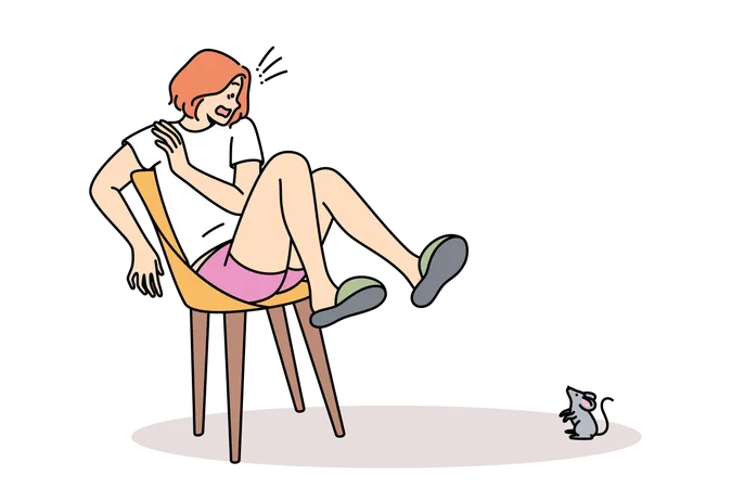 Mouse scares woman jumped onto chair out of fear and experiences mysophobia at sight of rodent  Illustration