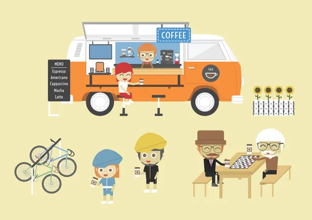 Van de café móvel, estilo de vida moderno na rua, pasta, estilo plano  Ilustração