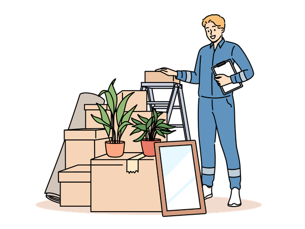 Mover guy in blue uniform works in logistics business providing delivery services  Illustration