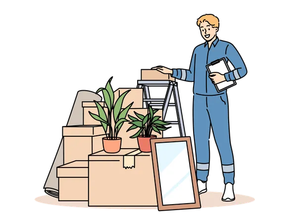 Mover guy in blue uniform works in logistics business providing delivery services  Illustration