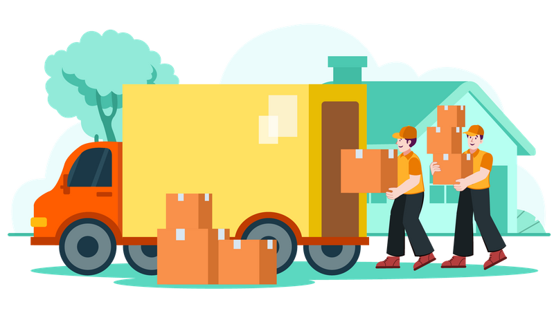 Movers holding boxes and loading truck Illustration