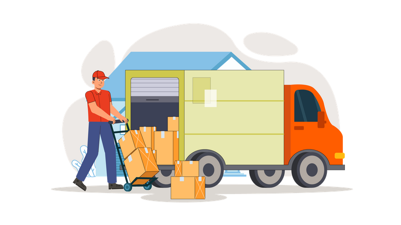 Movers holding boxes and loading truck Illustration