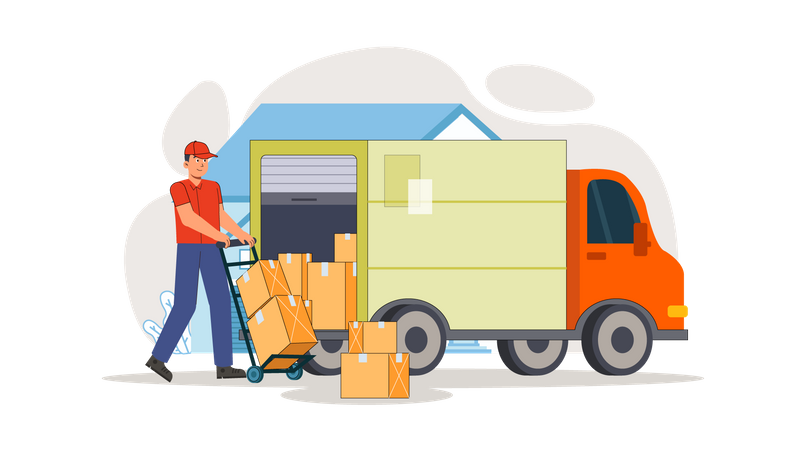 Movers holding boxes and loading truck  Illustration