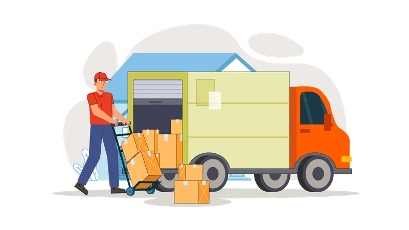 Movers holding boxes and loading truck  Illustration