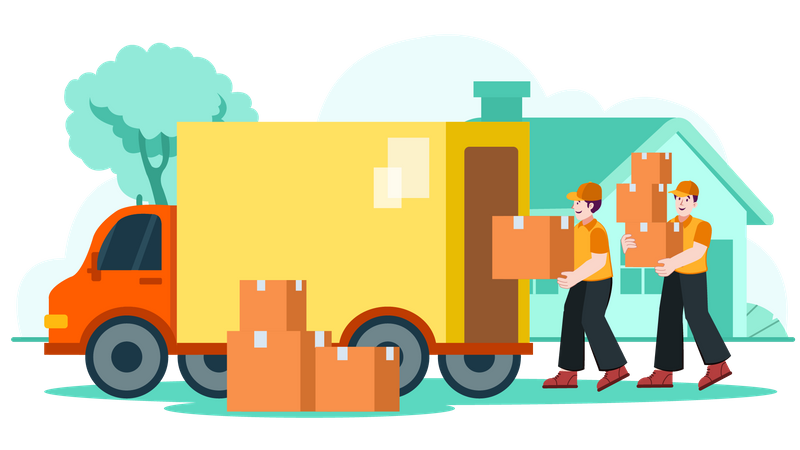 Movers holding boxes and loading truck  Illustration