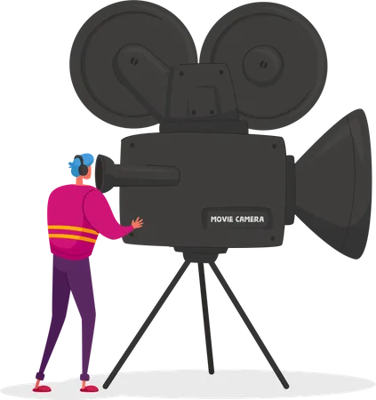 Cameraman Character Looking Through Movie Camera On Tripod Taking Video Cinema And Cinematography Industry With Moviemaker And Videocamera Operator Shooting Scene Cartoon Vector Illustration Illustration