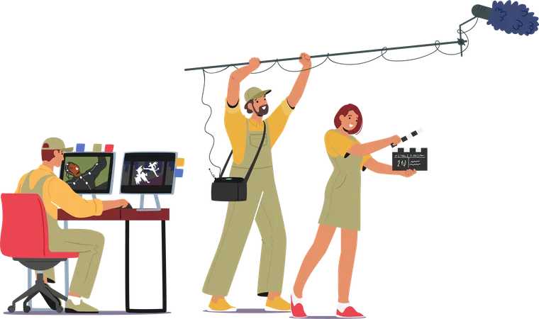 Movie Crew Characters Collaborate Under The Guidance Of The Visionary Director Bringing Cinematic Magic To Life With Passion Precision And Creative Expertise Cartoon People Vector Illustration Illustration
