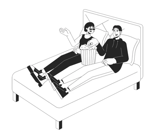 Movie Date Night At Home Black And White Cartoon Flat Illustration Korean Couple Eating Popcorn Sitting On Bed 2 D Lineart Characters Isolated Home Cinema Monochrome Scene Vector Outline Image Illustration