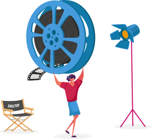 Female Character Take Part In Movie Making Process Staff With Professional Equipment For Recording Film Woman Carry Huge Reel Film Bobbin Cinematograph Industry Cinema Cartoon Vector Illustration Illustration