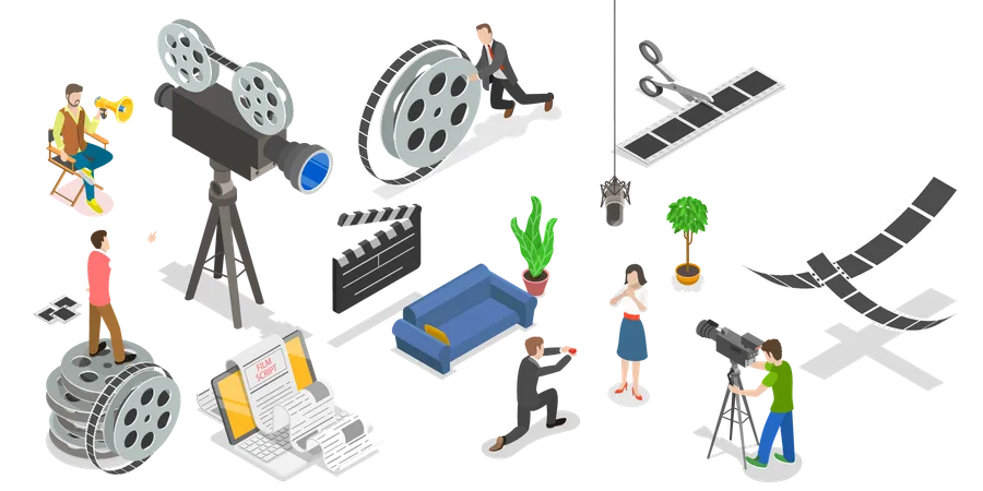 3 D Isometric Flat Vector Conceptual Illustration Of Movie Making Process Illustration