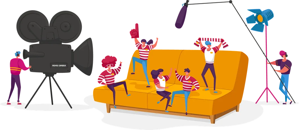 Tiny Characters Make Movie Operator Using Camera Staff With Professional Equipment Recording Film About Sports Team Or Fans Playing Role In Costumes On Huge Sofa Cartoon People Vector Illustration Illustration