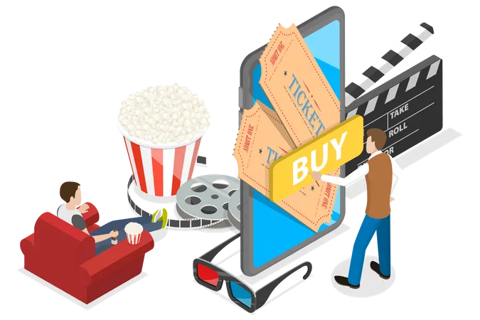 3 D Isometric Flat Vector Conceptual Illustration Of Movie Tickets Online Ticket Booking Mobile App 일러스트레이션