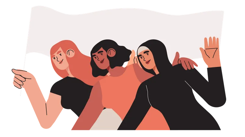 Pessoas De Diferentes Nacionalidades E Culturas Juntas Segurando Bandeira Com Saudacao Uniao Feminina De Feministas Ou Irmandade Conceito De Movimento De Empoderamento Feminino Dia Internacional Da Mulher Ilustração