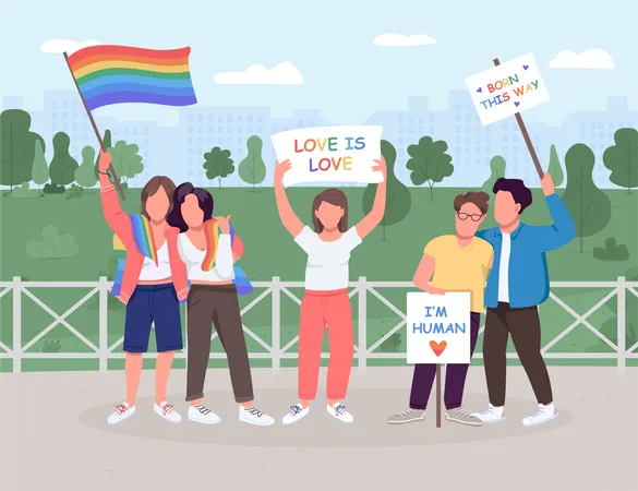 Ilustracion De Vector De Color Plano Del Movimiento Social LGBT Gays Y Lesbianas Igualdad De Derechos Identidad De Genero Parejas Del Mismo Sexo Personajes De Dibujos Animados En 2 D Sin Rostro Con Paisajes Verdes En El Fondo Ilustración