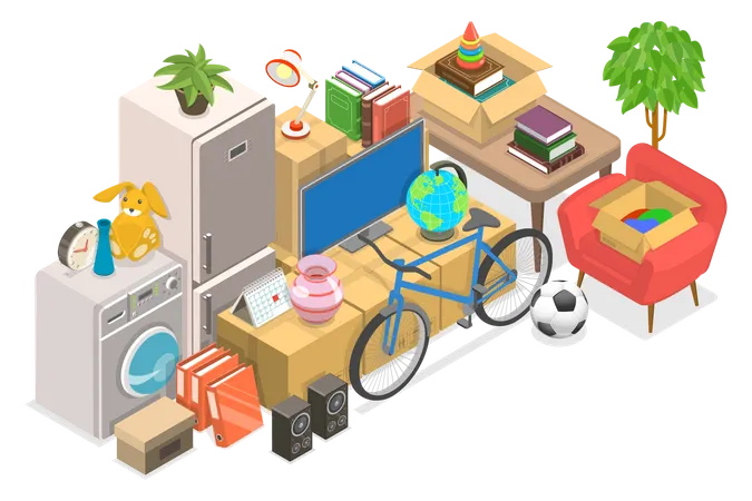 3 D Isometric Flat Vector Conceptual Illustration Of Moving And Storage Cardboard Boxes And Appliances Packed For House Relocation Illustration